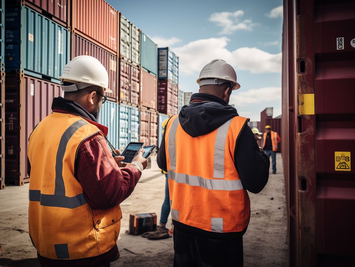 Workers inspecting containers at a construction site